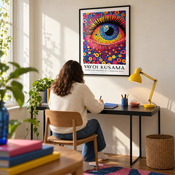 Pop Art Prints, framed on the wall of a bright home study in a design-conscious first flat for an adult aged 25-35