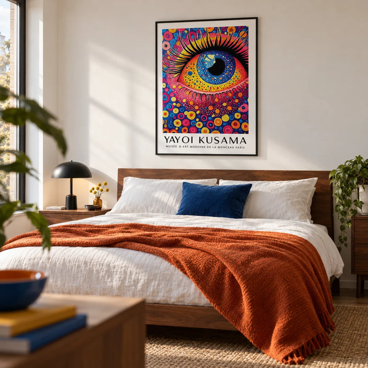 Pop Art Prints, framed on the wall of a crisp modern bedroom for an art-loving adult aged 25-40 with a soft white wall and walnut furniture