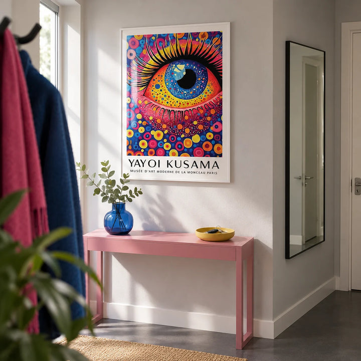 Pop Art Prints, framed on the wall of a modern entrance hallway in a UK flat with a pale grey wall and plain charcoal floor