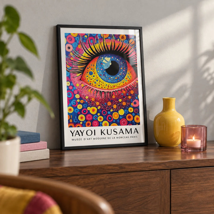 Pop Art Prints, a small A4 framed print leaning on a walnut shelf in a living room