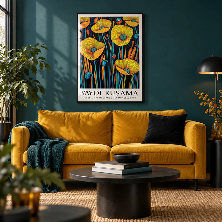 Poppies Wall Art, framed on the wall of a bold modern living room with a dark teal painted wall