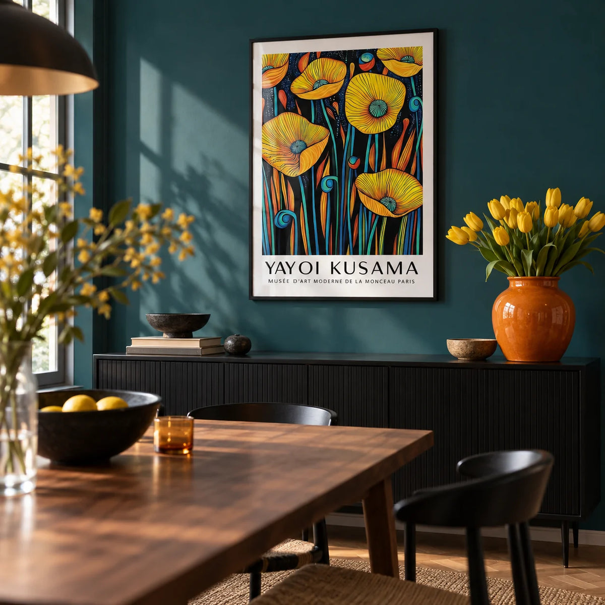 Poppies Wall Art, framed on the wall of a design-led dining room with a deep teal wall