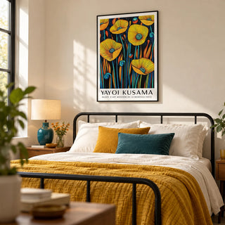 Poppies Wall Art, framed on the wall of a modern bedroom with a warm white wall