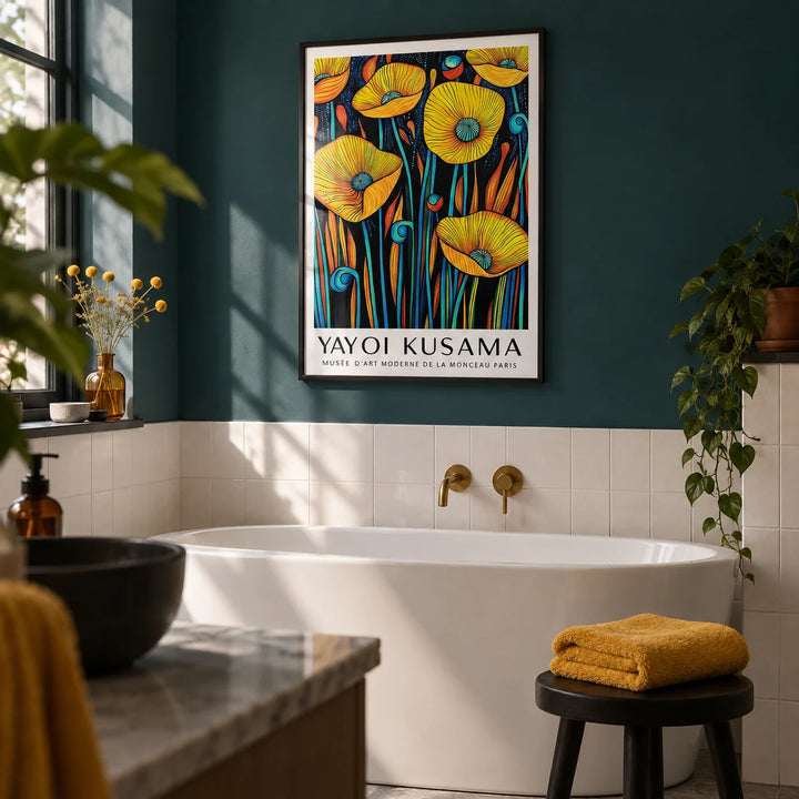 Poppies Wall Art, framed on the wall of a moody modern bathroom with a dark teal painted wall and plain white tiles