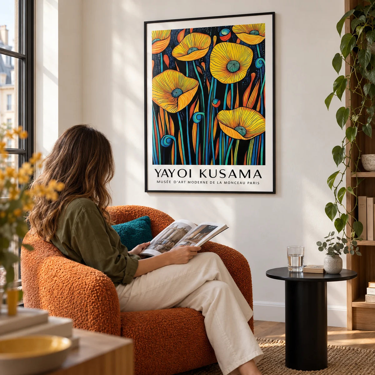 Poppies Wall Art, framed on the wall of a reading corner in a city flat with a white wall in a living room