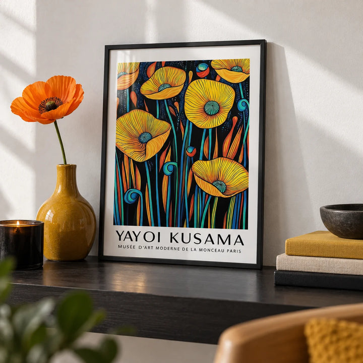 Poppies Wall Art, a small A4 framed print leaning on a black shelf in a living room
