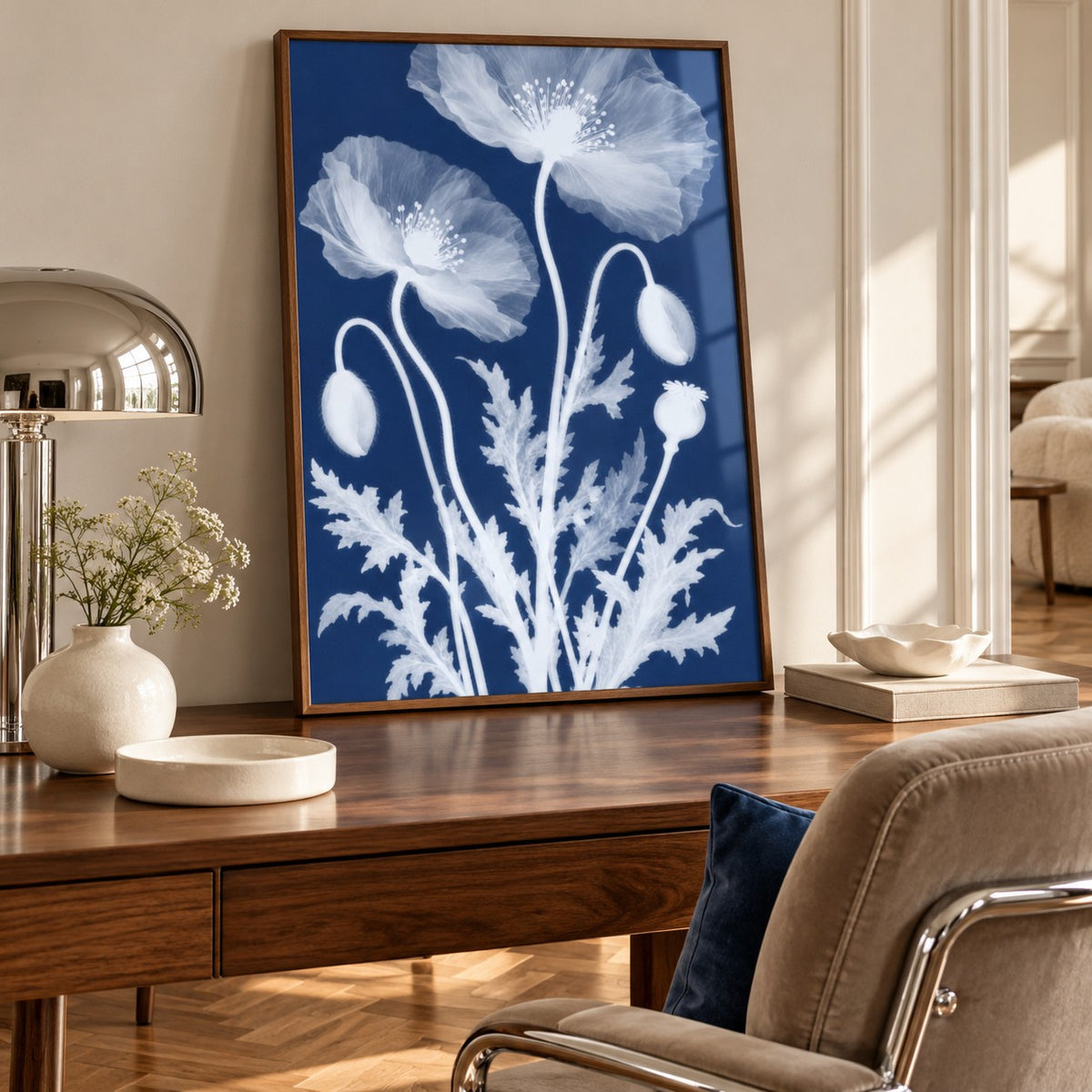 Poppy Cyanotype Print styled in a home office (frame not included)