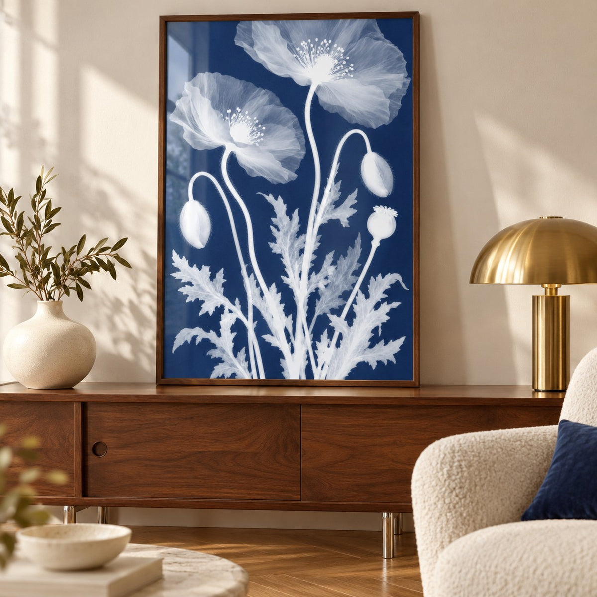 Poppy Cyanotype Print shown close up on a sideboard (frame not included)