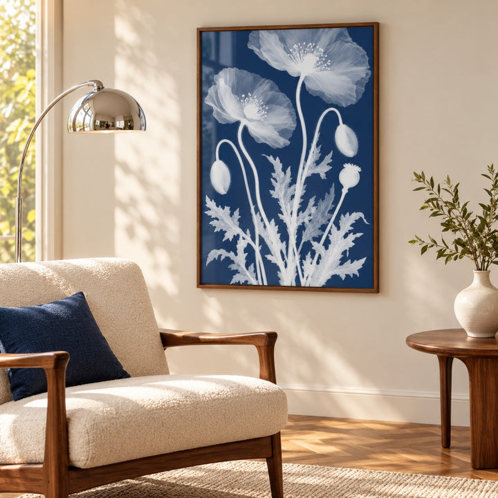 Poppy Cyanotype Print styled in a reading corner (frame not included)