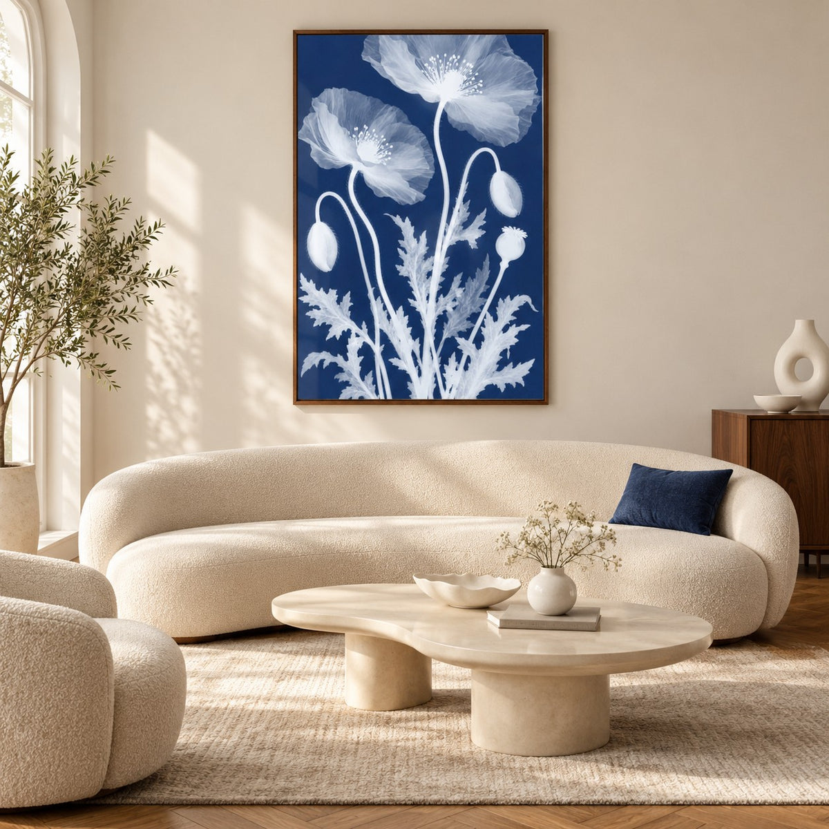 Poppy Cyanotype Print styled in a living room (frame not included)