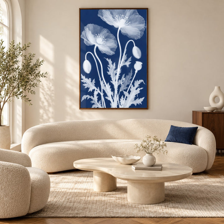 Poppy Cyanotype Print styled in a living room (frame not included)