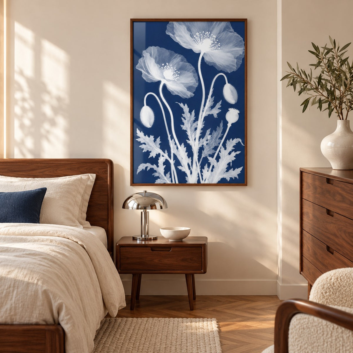 Poppy Cyanotype Print styled in a bedroom (frame not included)