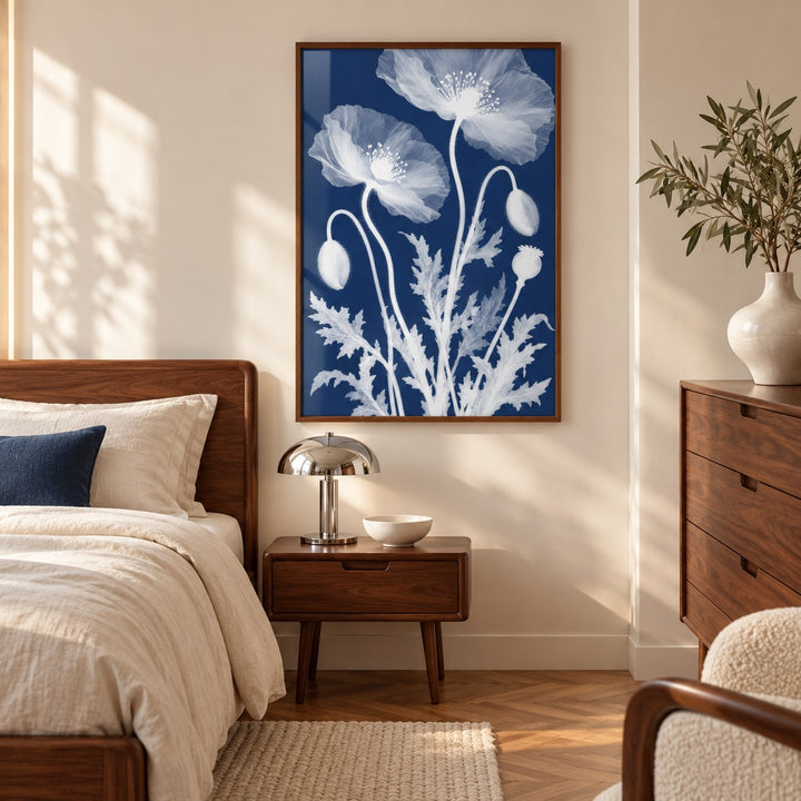 Poppy Cyanotype Print styled in a bedroom (frame not included)