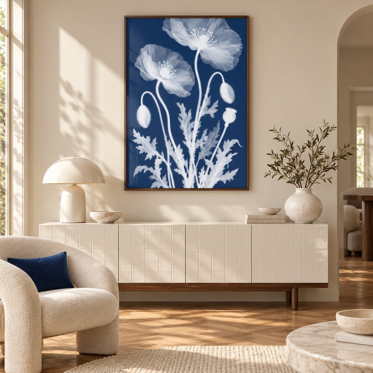 Poppy Cyanotype Print styled in a hallway (frame not included)