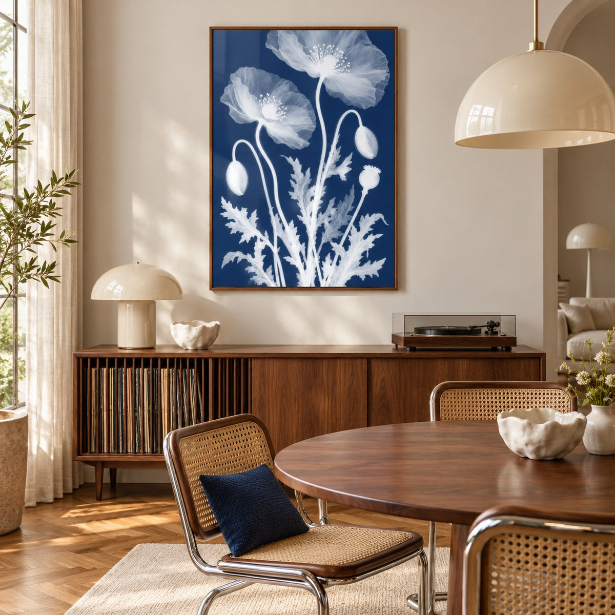 Poppy Cyanotype Print styled in a dining room (frame not included)