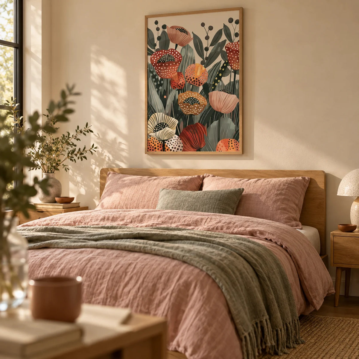 Poppy Flower Art, framed on the wall of a calm bedroom with a warm beige wall