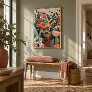 Poppy Flower Art, framed on the wall of a calm hallway with a sage green painted wall