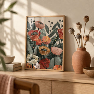 Poppy Flower Art, a small A4 framed print leaning on a pale oak shelf in a living room