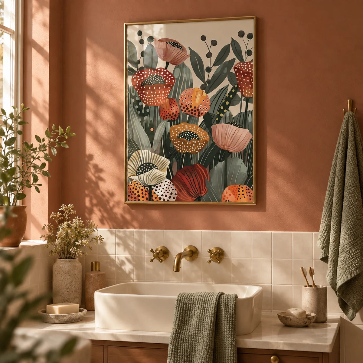 Poppy Flower Art, framed on the wall of a warm bathroom with a soft terracotta painted wall and plain cream tiles