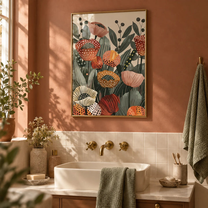 Poppy Flower Art, framed on the wall of a warm bathroom with a soft terracotta painted wall and plain cream tiles