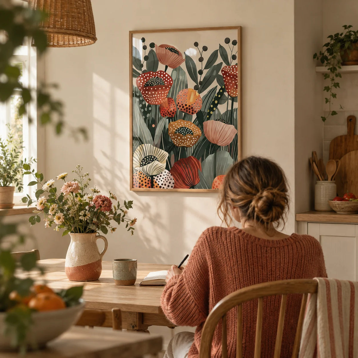 Poppy Flower Art, framed on the wall of a warm cottage kitchen with a cream wall
