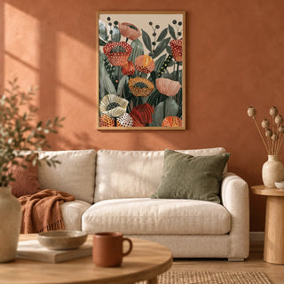 Poppy Flower Art, framed on the wall of a warm living room with a terracotta limewash wall and a light oak floor