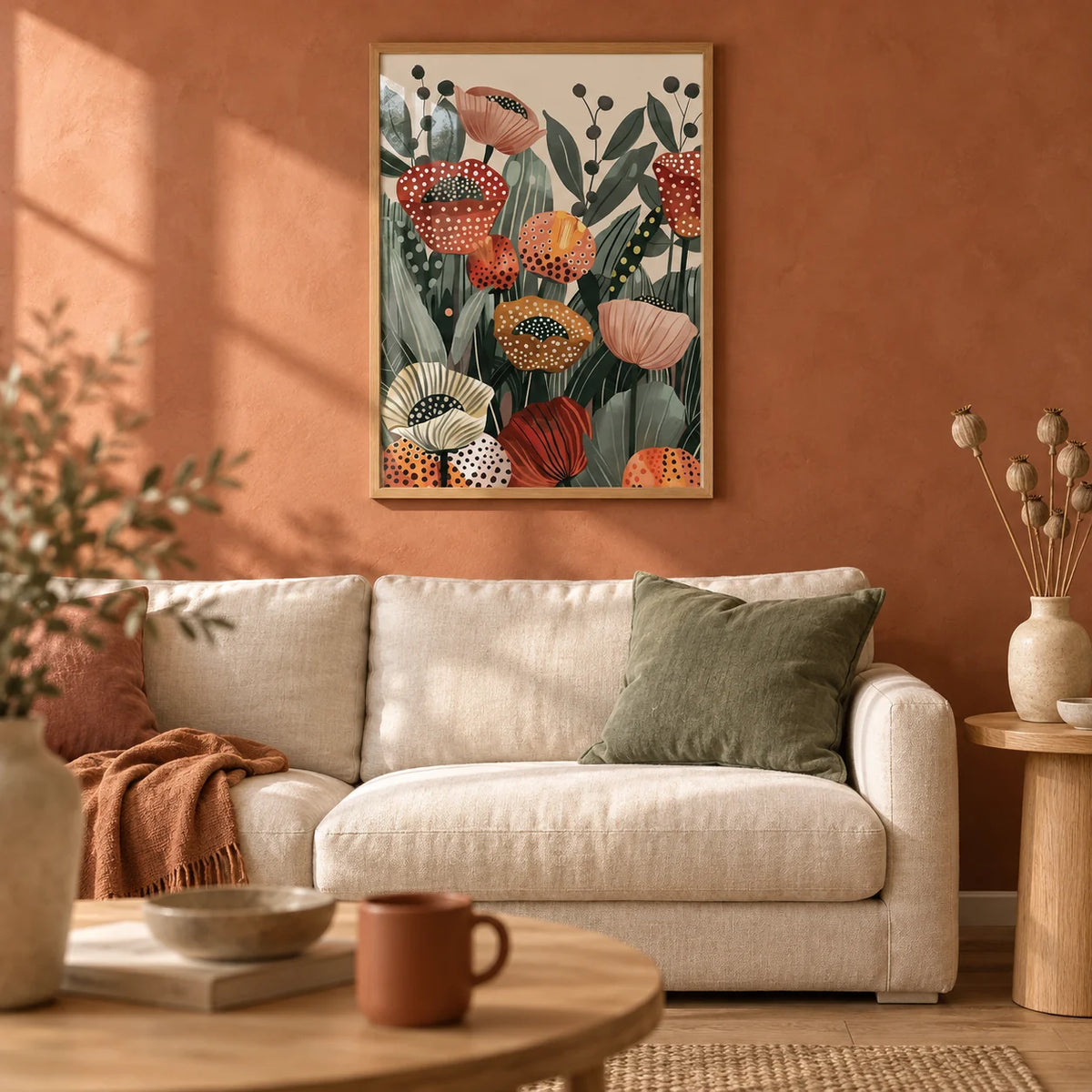 Poppy Flower Art, framed on the wall of a warm living room with a terracotta limewash wall and a light oak floor