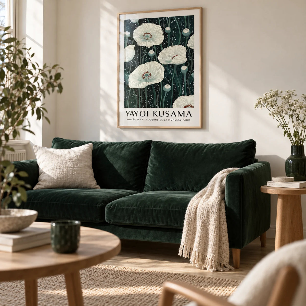 Poppy Prints, framed on the wall of a calm living room with a warm white wall and a pale oak floor