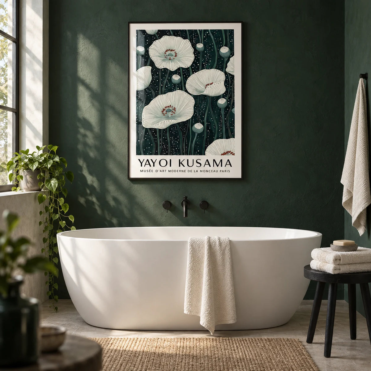 Poppy Prints, framed on the wall of a calm modern bathroom with a dark green plaster wall