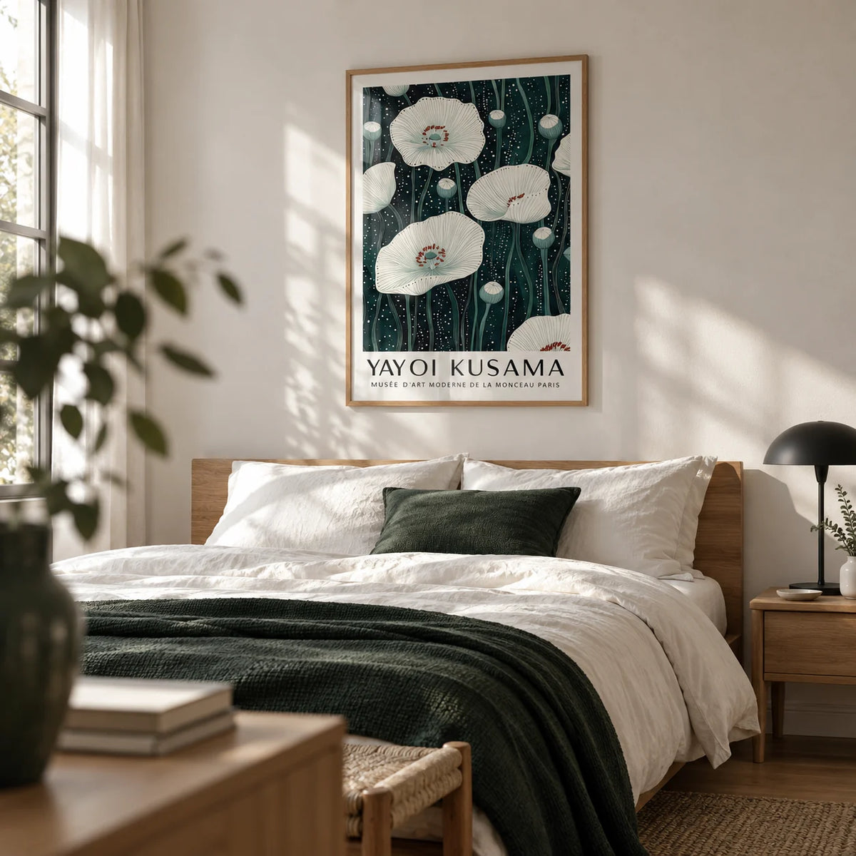 Poppy Prints, framed on the wall of a quiet bedroom with a soft white wall