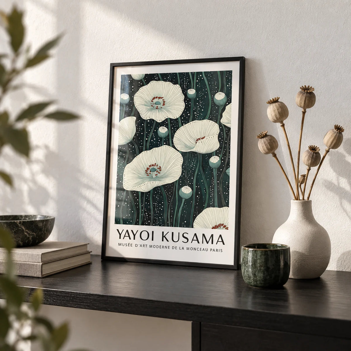 Poppy Prints, a small A4 framed print leaning on a black shelf in a living room