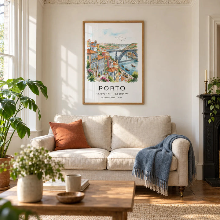 Porto City Art Print, framed on the wall of a warm living room in a UK Victorian terrace with ivory plaster walls