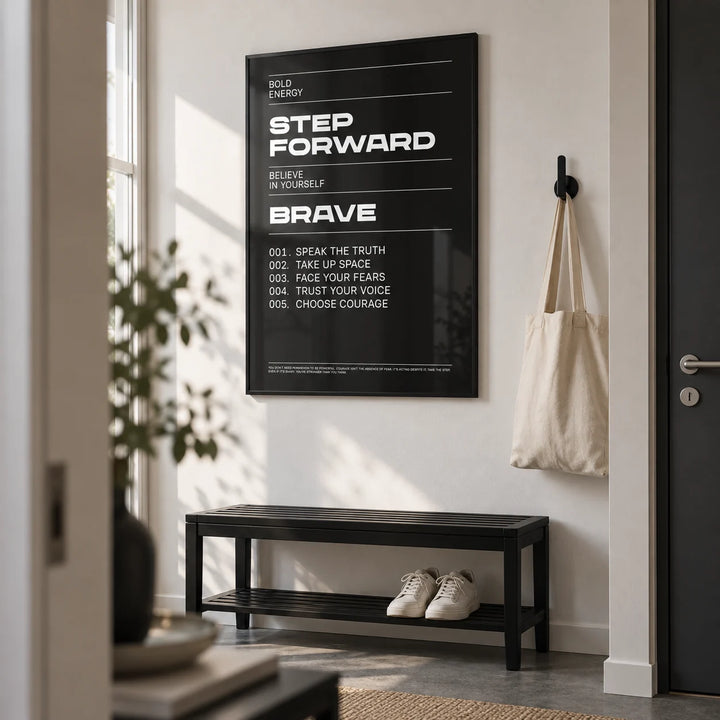 Positive Affirmation Prints, framed on the wall of a first-flat hallway (22-28) with a white wall and a dark grey floor