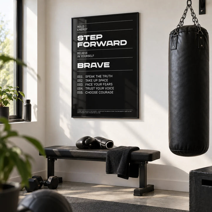 Positive Affirmation Prints, framed on the wall of a minimal home workout room with a white wall