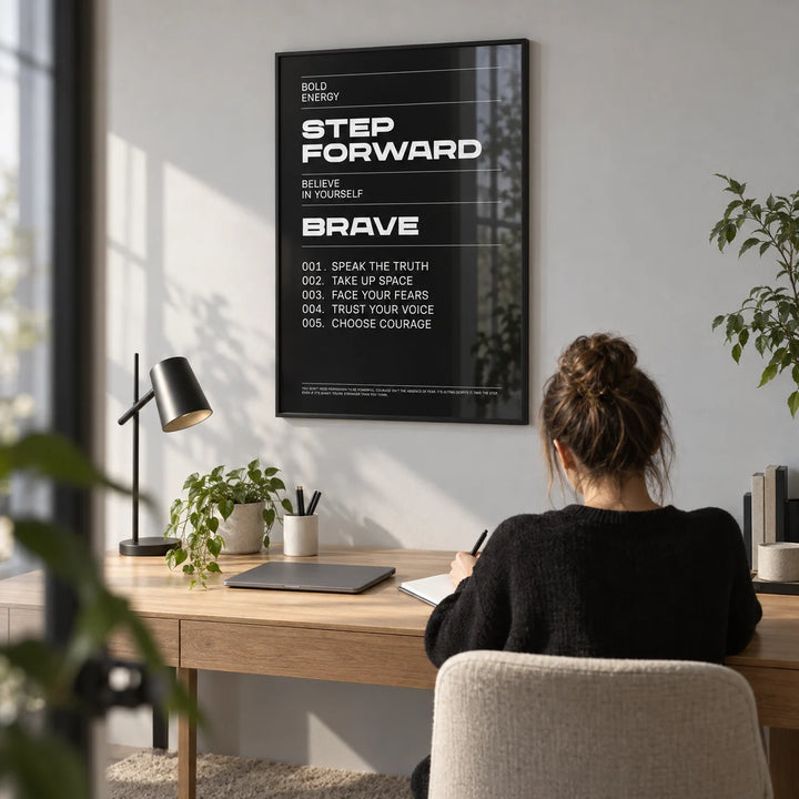 Positive Affirmation Prints, framed on the wall of a modern home office with a light grey wall