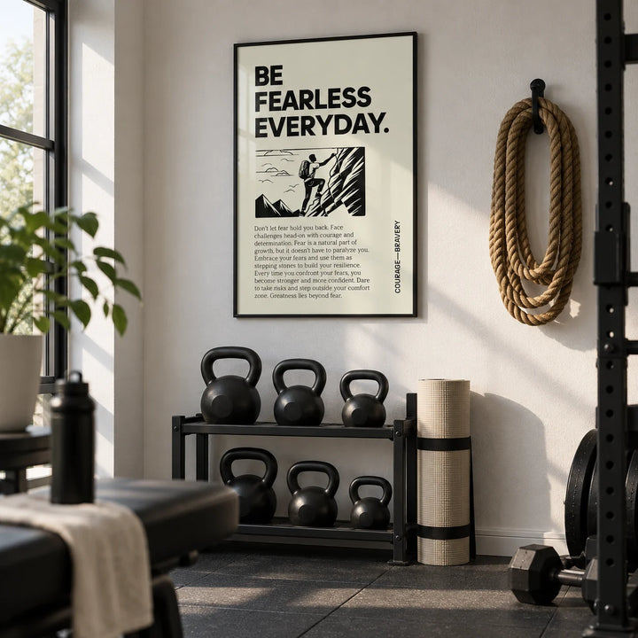 Positive Poster Art, framed on the wall of a small home gym in a spare room