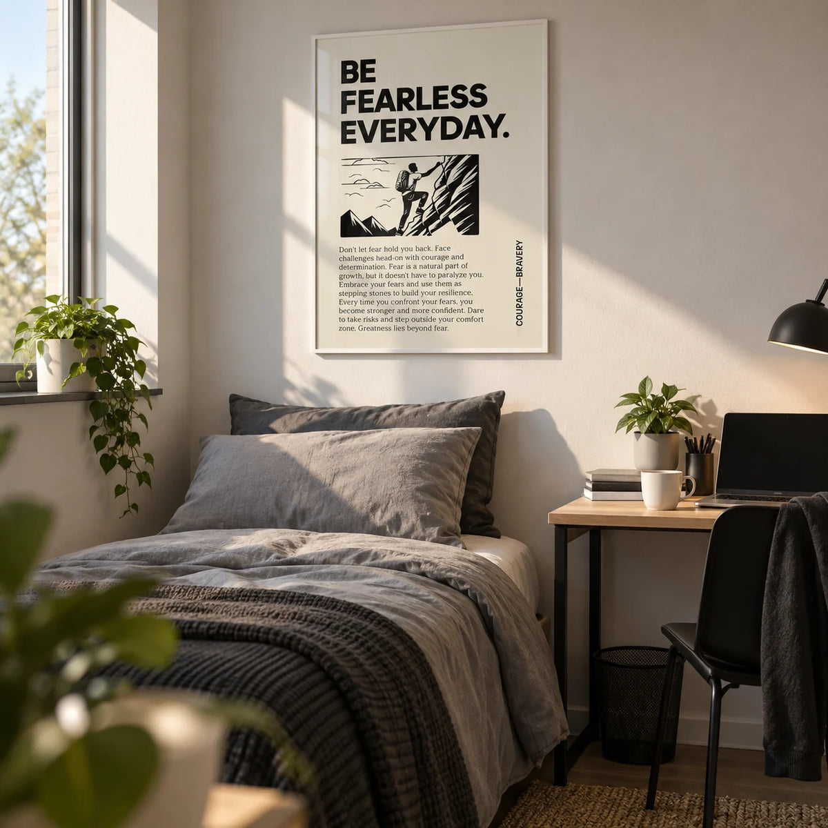 Positive Poster Art, framed on the wall of a tidy uni room (age 18-21) in a bedroom