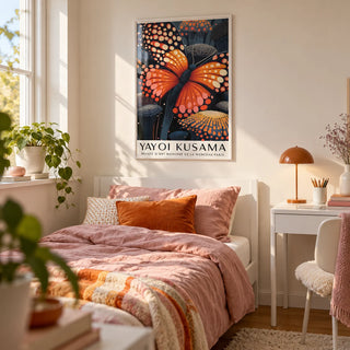 Poster Butterfly, framed on the wall of a fresh teen girl's bedroom (13-17) with a warm white wall