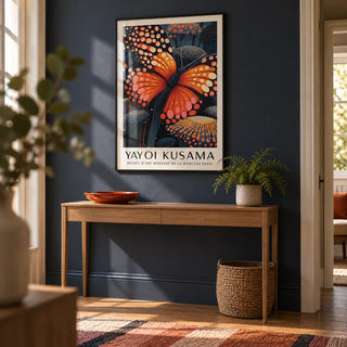 Poster Butterfly, framed on the wall of a modern hallway with a navy wall