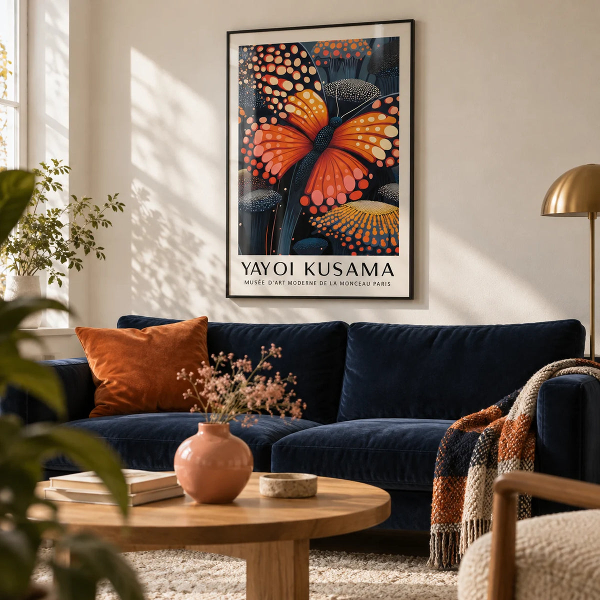 Poster Butterfly, framed on the wall of a modern living room with a warm white wall