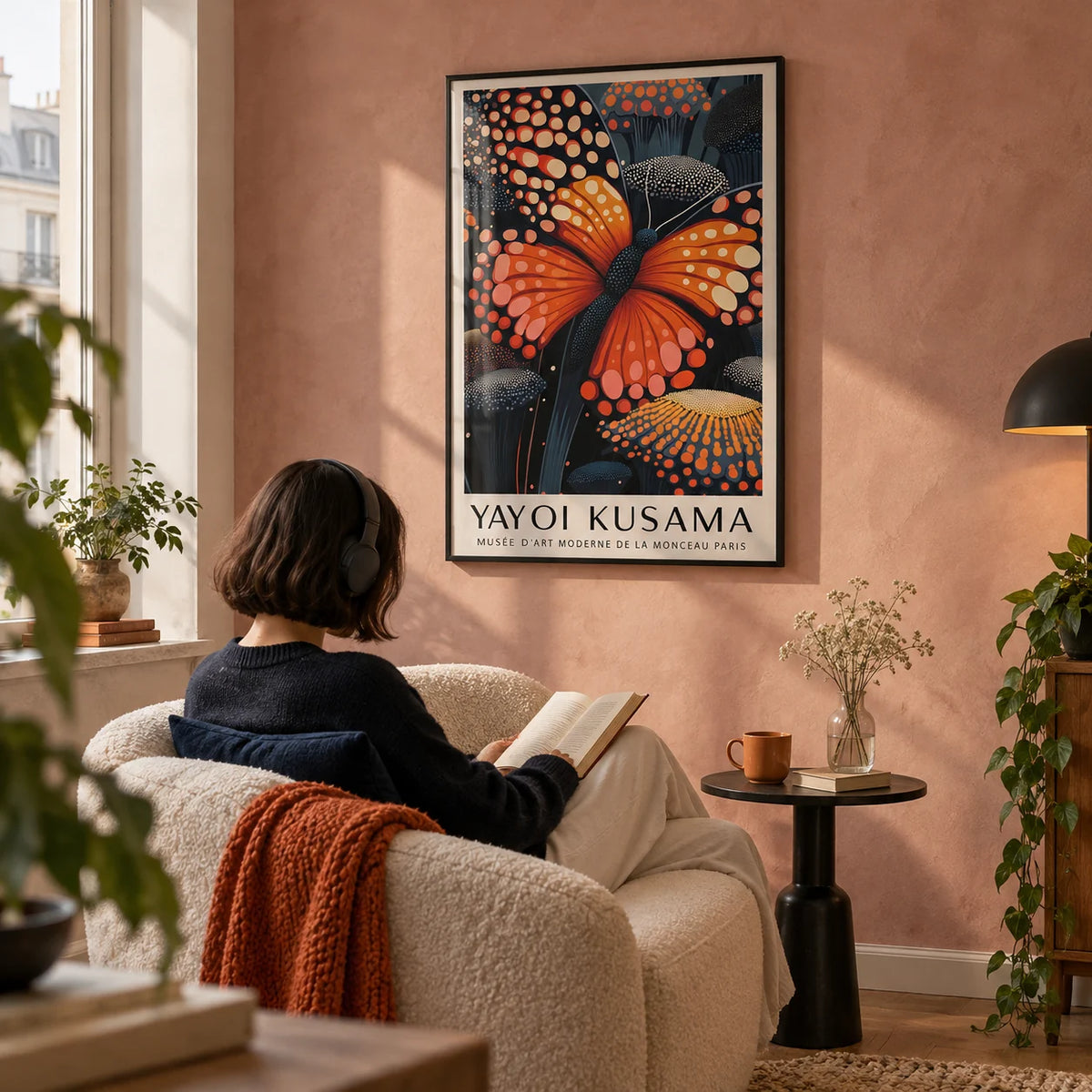 Poster Butterfly, framed on the wall of a reading corner in a city flat with a dusty pink limewash wall in a living room