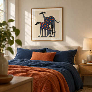 Poster of a Dog, framed on the wall of a calm bedroom
