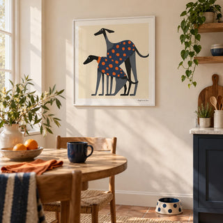 Poster of a Dog, framed on the wall of a cosy kitchen