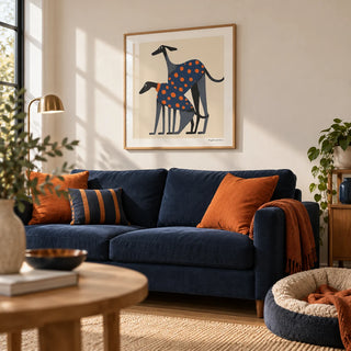 Poster of a Dog, framed on the wall of a cosy living room
