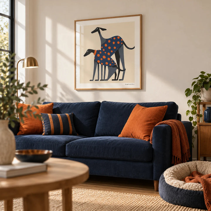 Poster of a Dog, framed on the wall of a cosy living room