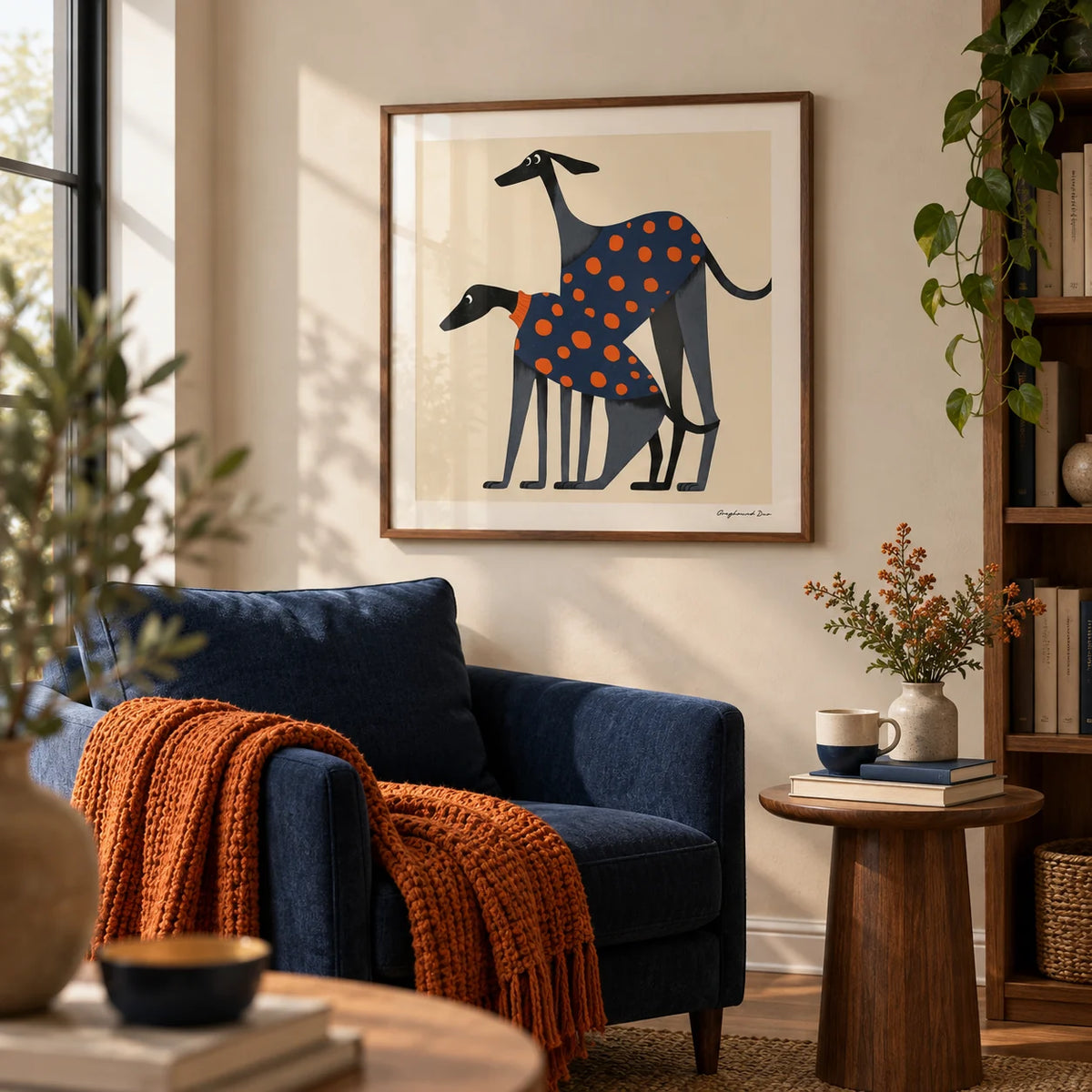 Poster of a Dog, framed on the wall of a reading corner in a living room