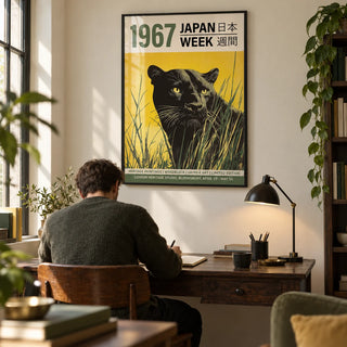 Black Panther Japanese Poster, framed on the wall of a characterful study with a cream wall