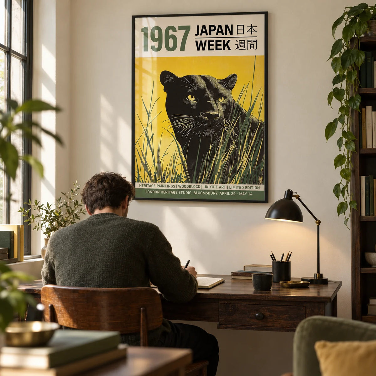 Black Panther Japanese Poster, framed on the wall of a characterful study with a cream wall