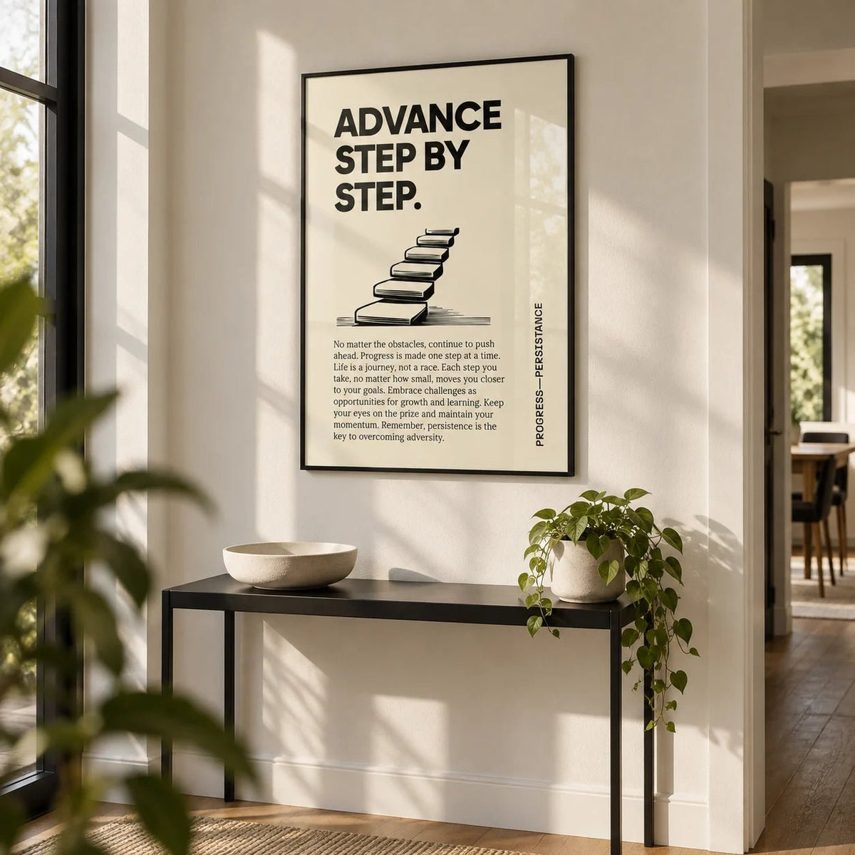 Poster of Motivation, framed on the wall of a crisp modern hallway