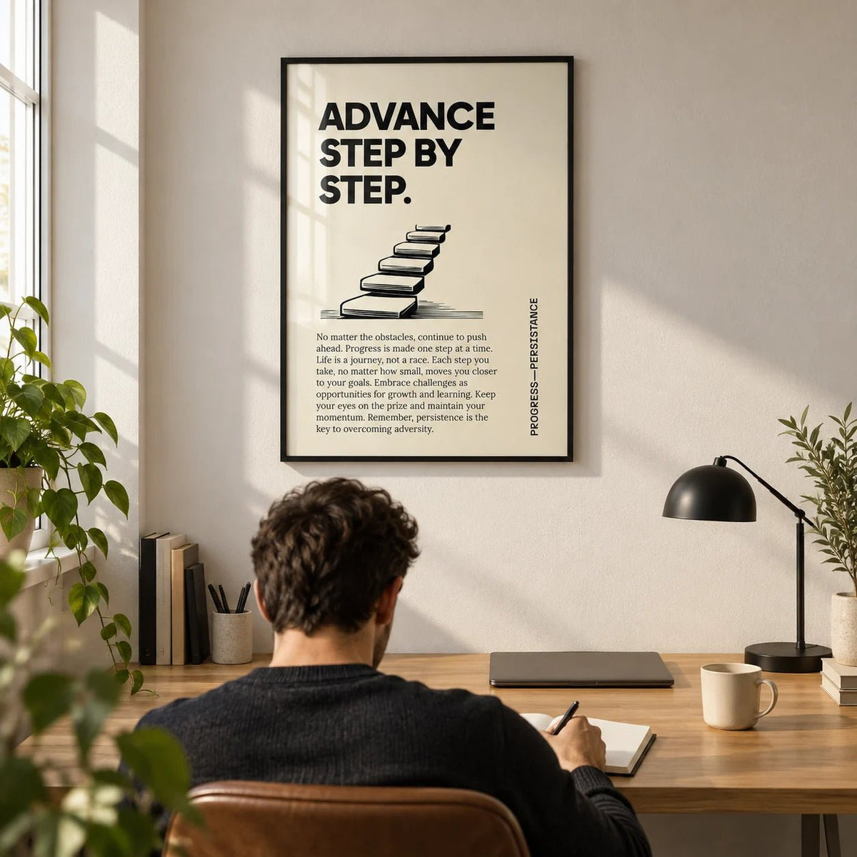 Poster of Motivation, framed on the wall of a focused modern home office